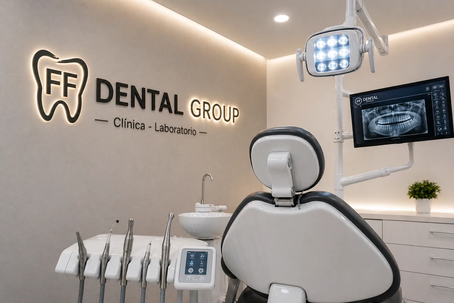 Gabinete de la clínica FF Dental Group con el rótulo de la marca